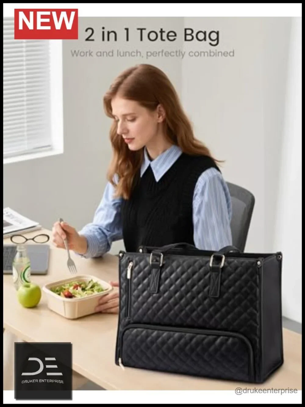 Quilted Lunch Tote Bag with Insulated Compartment, Laptop Bag for Work & Travel